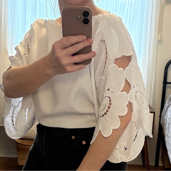 Handmade Upcycled Linen Tablecloth Square Neck White Lace Sleeve Women's Top - Picture 3 of 9